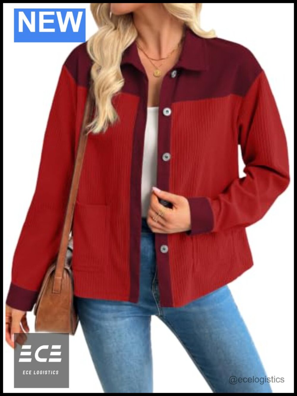 Corduroy Color Block Shacket Button-Down Oversized Blouse